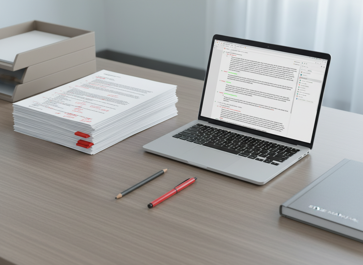 A split-focus workstation illustrating multi-format proofreading: on the left, a printed stack of pages with tidy, red handwritten corrections on bright white paper; on the right, a slim laptop screen showing the same passage with digital track changes in clean, sans-serif type. The two surfaces meet on a smooth, taupe desk with a subtle grain, where a single graphite pencil and a red fineliner lie perfectly parallel. Background elements are minimal: a neutral-colored document tray and a closed, unbranded style manual aligned precisely. Soft, cool daylight from the right combines with discreet overhead lighting, creating an evenly lit, professional atmosphere. Captured from a slightly elevated, diagonal perspective with moderate depth of field, the image emphasizes structured workflow, versatility across Word, PDF, and print, and a polished corporate aesthetic.