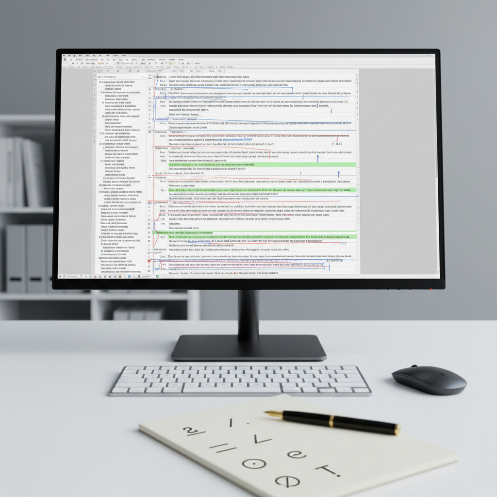 A close-up of a high-resolution computer monitor displaying a Word document filled with tracked changes, subtle red and blue annotation marks, and highlighted grammar corrections. The monitor has an ultra-thin black bezel and sits on a tidy white desk with a brushed metal keyboard and matching mouse perfectly aligned. In the foreground, slightly blurred, lies a minimalist notepad with a few concise proofreading marks in black ink. Neutral gray walls and a faintly visible bookshelf create a clean, structured backdrop. Cool, even studio lighting illuminates the scene, producing soft reflections on the screen without glare. Captured at eye level with a shallow depth of field, the image emphasizes focus, structure, and the meticulous digital side of professional proofreading in a modern, photographic realism style.