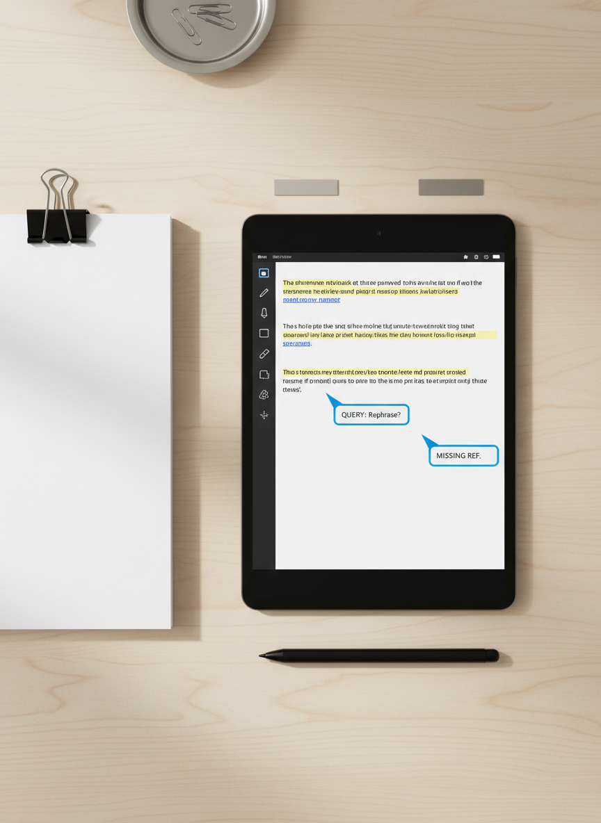 An overhead view of a precisely organized proofreading setup for PDF correction displayed on a slim black tablet with a matte screen, showing clear annotation tools, highlighted sentences, and comment bubbles. The tablet rests on a smooth, pale wood desk alongside a neatly stacked set of printed pages clipped together with a minimalist black binder clip. A fine stylus is aligned parallel to the tablet, while a pair of neutral-toned index tabs and a metal paperclip tray occupy the upper edge of the frame. Soft, indirect natural light from the left creates a gentle gradient across the surface, reinforcing a calm, methodical mood. The composition follows the rule of thirds with crisp, photographic clarity and a clean, corporate aesthetic that highlights structure and precision.