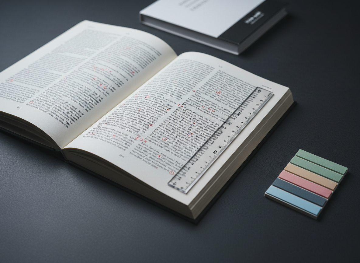 A carefully laid-out printed book proof opened to the center spread on a dark charcoal desk with a faint, refined texture. The cream-colored pages display evenly spaced text with discrete red proofreader’s marks indicating spacing errors, straight apostrophes, and punctuation fixes. A transparent, slim ruler runs down the margin, aligning lines of text, while a small, neat stack of adhesive page flags in muted tones sits nearby, perfectly squared. In the background, slightly out of focus, a minimalist, monochrome style guide lies closed. Neutral, cool-toned overhead lighting casts soft, controlled shadows that enhance legibility and structure. Photographed from a three-quarter overhead angle with balanced composition, the scene communicates exacting attention to detail and the quiet rigor of professional book proofreading.